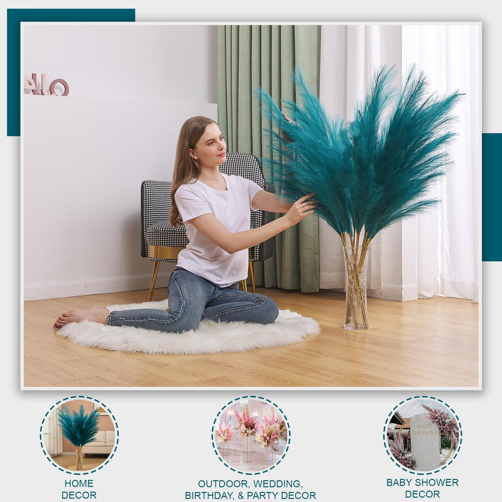7 Pcs 45" Faux Pampas Grass – Fluffy Artificial Pompous Grass for Tall Floor Vase, Non-Shedding Home Decor, Boho Wedding Flowers, Baby Shower Centerpieces, Bedroom & Living Room Decor (Blue)