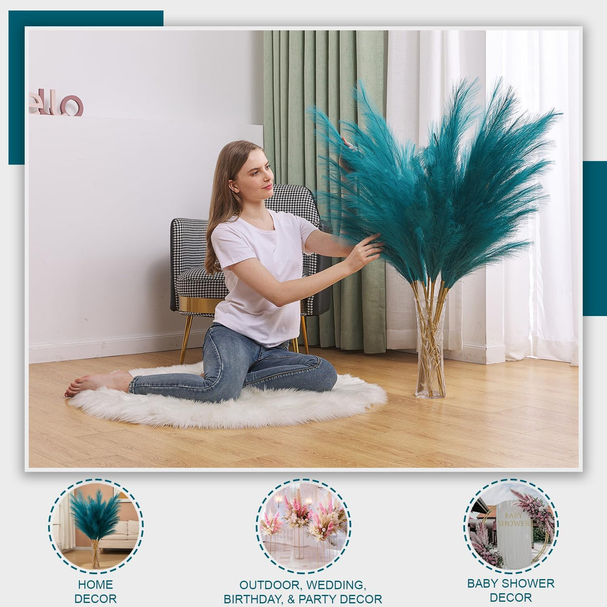 7 Pcs 45" Faux Pampas Grass – Fluffy Artificial Pompous Grass for Tall Floor Vase, Non-Shedding Home Decor, Boho Wedding Flowers, Baby Shower Centerpieces, Bedroom & Living Room Decor (Blue)