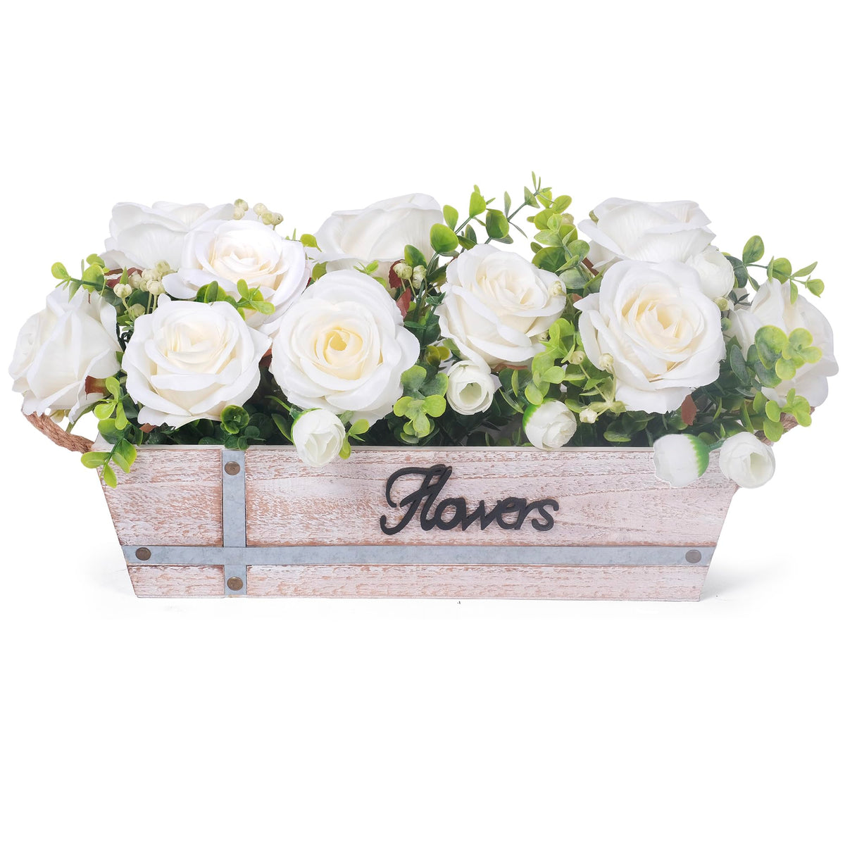 Centerpiece Table Decorations Rustic Wood Tray with 3 Artificial Champagne Rose Flowers and Fake Eucalyptus for Dining Room Farmhouse Living Room Kitchen and Coffee Table Décor