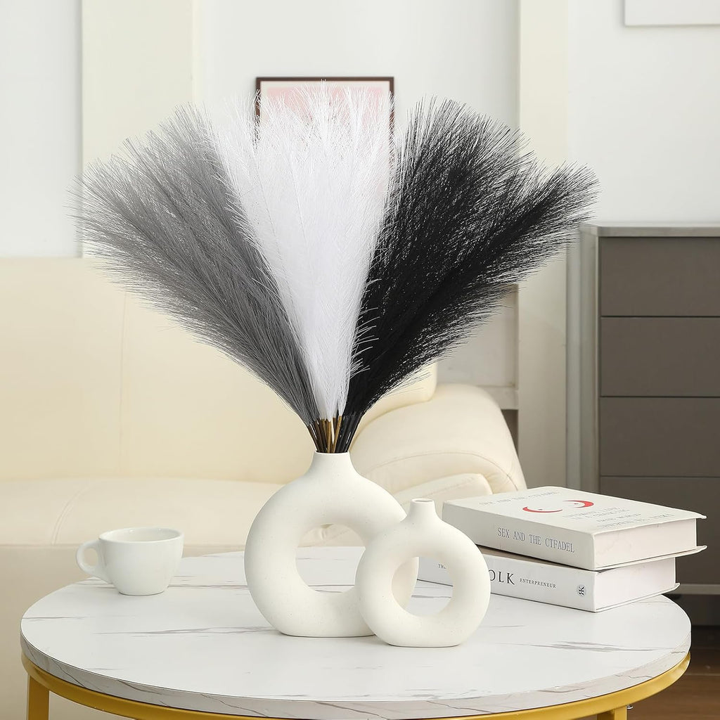 UREYMX Faux Pampas Grass Decor 17.7 Inch 30pcs, Artificial Pampas Grass Fluffy Home Decor, Short Vase Room Decor pompous Grass Flower Arrangement for Boho Home Wedding Decoration (Black,White,Grey)