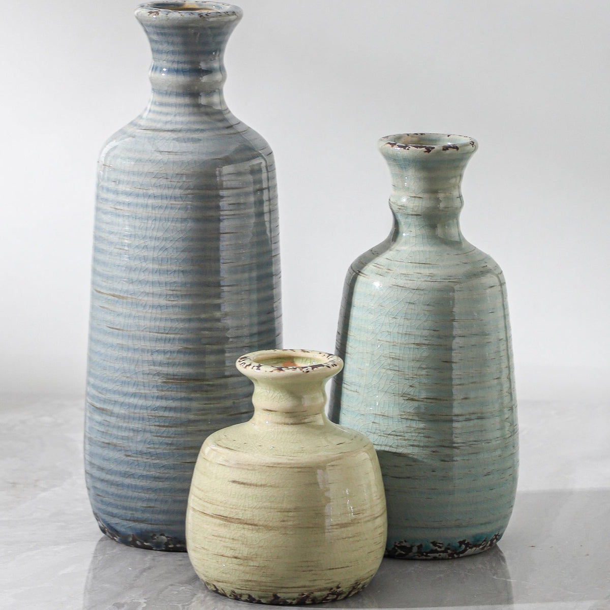 Ceramic Vases Set of 3, Neutral Rustic Farmhouse Vase with Handle, Decorative Flower Vases Home Decor Modern Boho Pampass Vase for Table Mantel Entryway Shelf Living Room Kitchen Bathroom - Brown