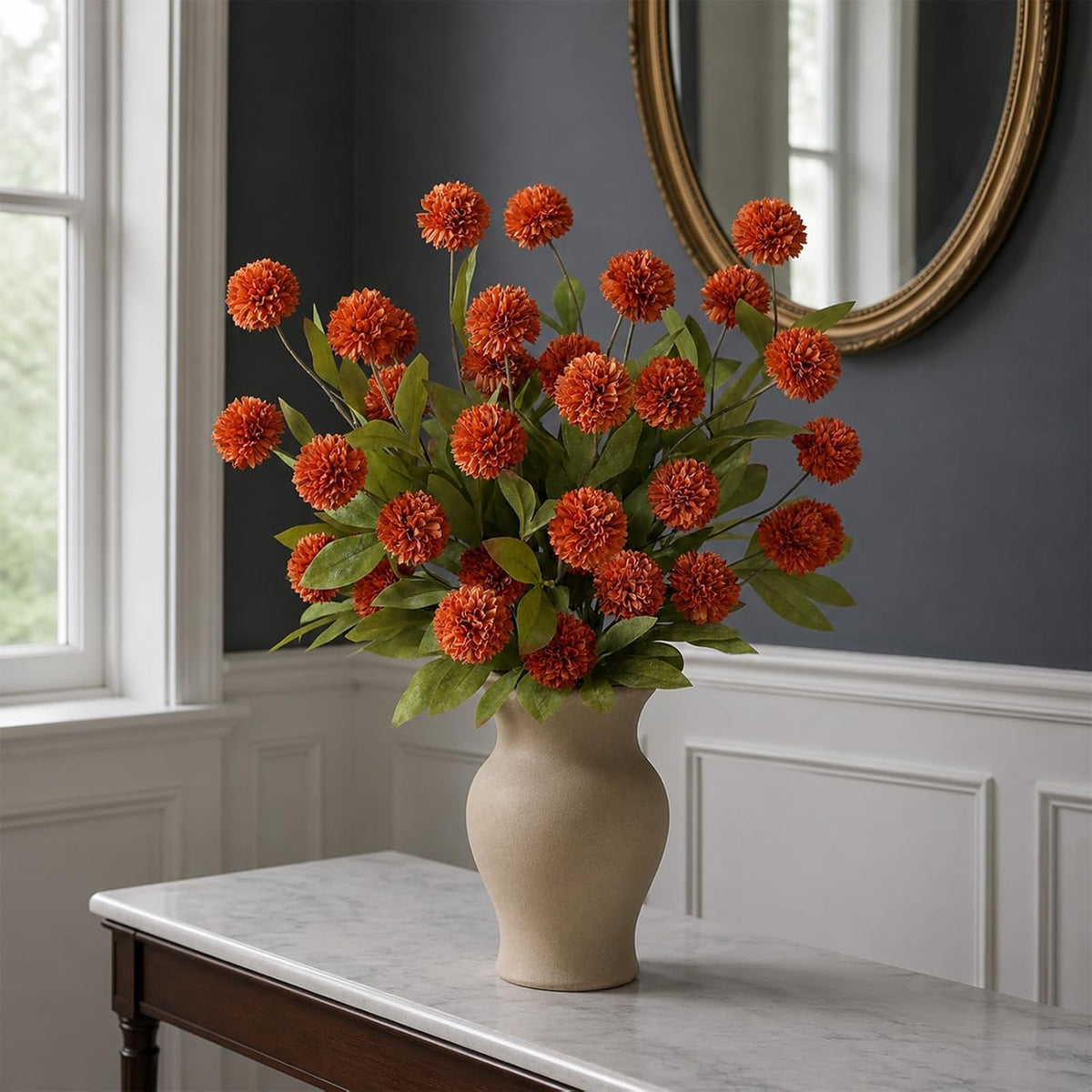VIERENA 6 Pcs 27" Artificial Fall Pompon Mum Flower Stems for Vase (Orange)
