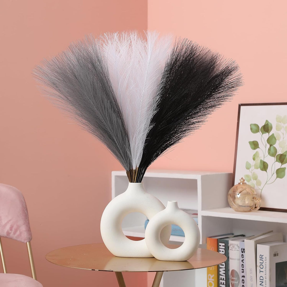 UREYMX Faux Pampas Grass Decor 17.7 Inch 30pcs, Artificial Pampas Grass Fluffy Home Decor, Short Vase Room Decor pompous Grass Flower Arrangement for Boho Home Wedding Decoration (Black,White,Grey)