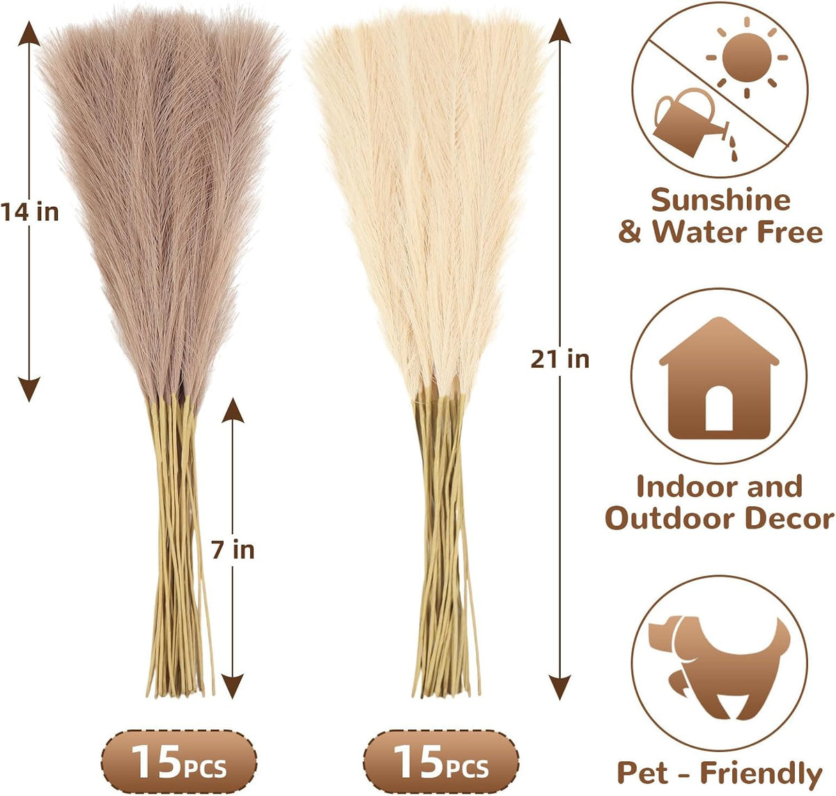 30pcs Pampas Grass Decor,21" Artificial Pompous Grass Bulk,Small Vase Filler Pompas Grass for Home Wedding Living Room Wall Party Decoration (Beige,Light Brown, 21 Inch 30 Pcs)