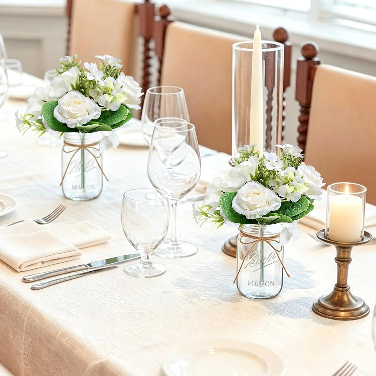 10 Sets Mason Jars Flower Table Centerpiece with White Rose - Ivory