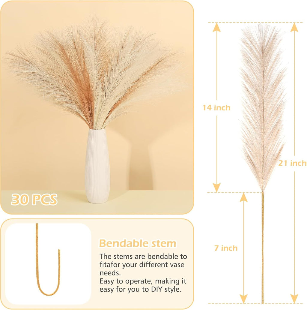 SeptCat 30 Pcs Pampas Grass Decor 21.7" Fluffy Faux Short Brown Pampas Grass Artificial Small Pompas Grass Flower Vase Filler for Home Wedding Living Room Wall Party Decoration