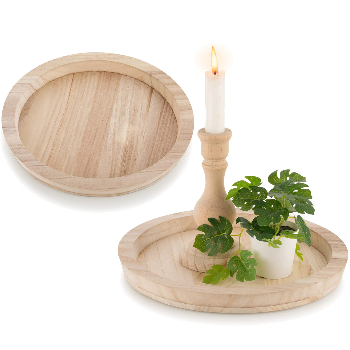 Hanobe Wooden Tray for Coffee Table, Decorative Round Candle Holder Plate