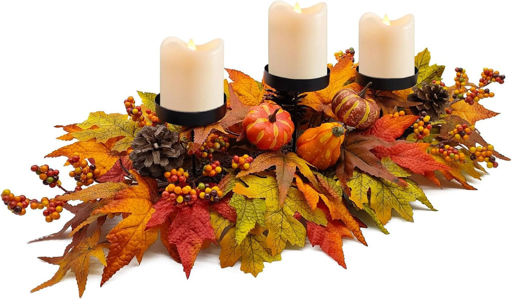 Fall Centerpiece Table Decorations, 27.5'' L Assorted Artificial Pumpkins, Berries, Maple Leaves and Pine Cones, Harvest Table Candle Holder for Dinning Table, Fireplace Mantel (Candle Not Included)