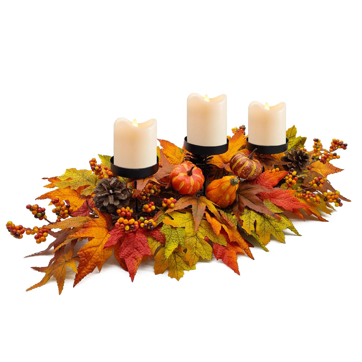 Fall Centerpiece Table Decorations, 27.5'' L Assorted Artificial Pumpkins, Berries, Maple Leaves and Pine Cones, Harvest Table Candle Holder for Dinning Table, Fireplace Mantel (Candle Not Included)