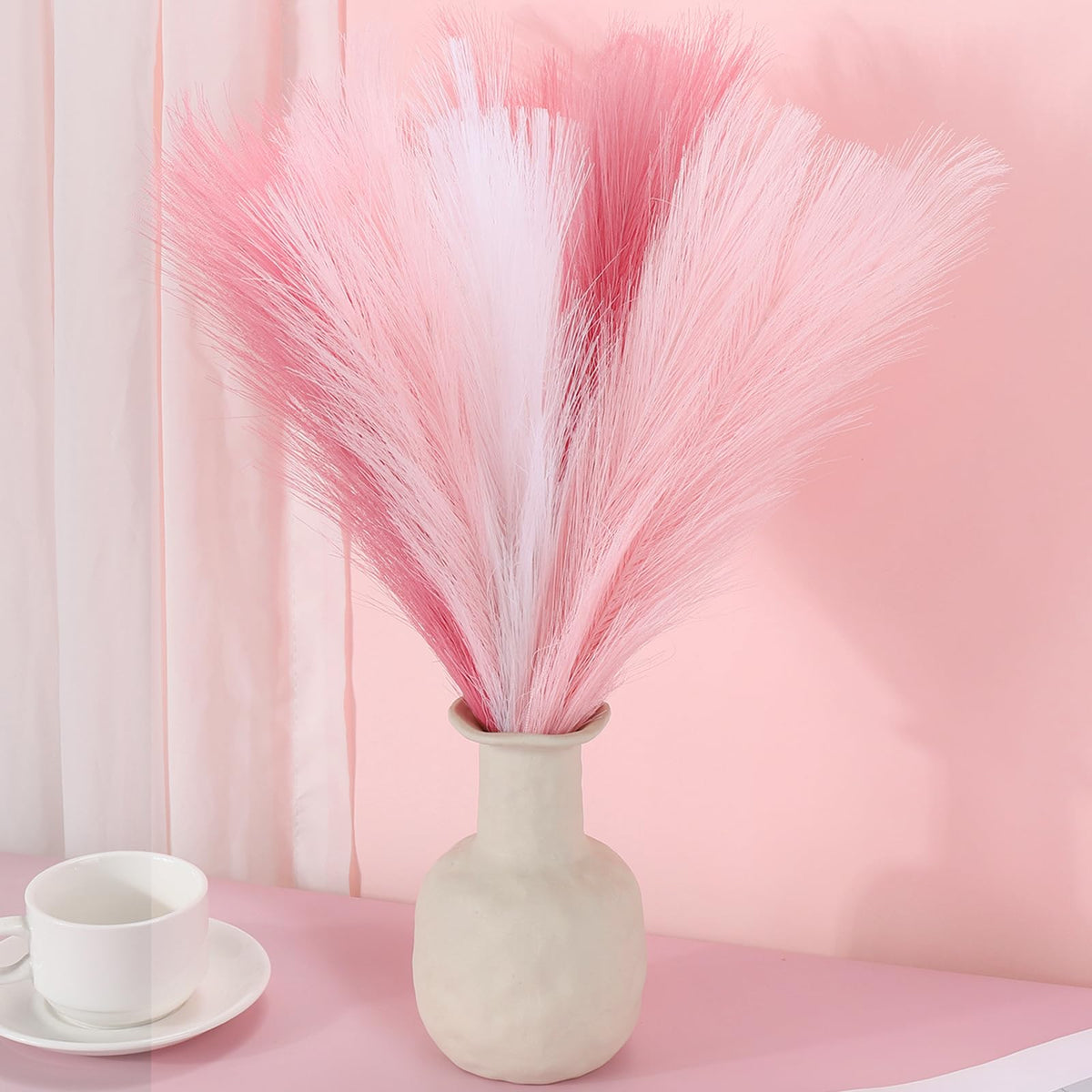 SeptCat 9 Pcs 45" Pampas Grass Tall Pink White Decor Faux Dried Fluffy Fake Long Light Pink Pompas Artificial Pompous Stems Bouquet Flower Vase Filler Home Wedding Room Wall Decoration