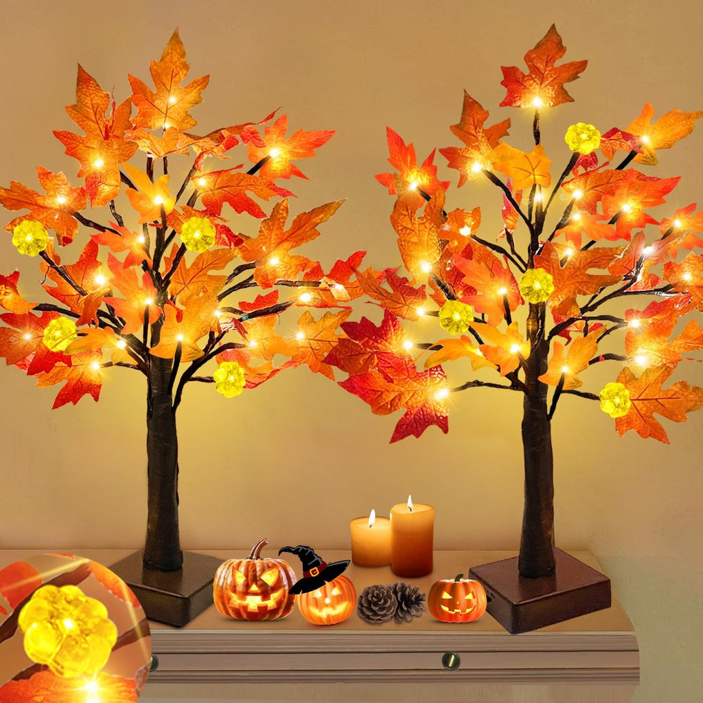 TURNMEON Fall Decor 2 Pack 24 Inch Prelit Fall Maple Tree 48 LEDs Timer