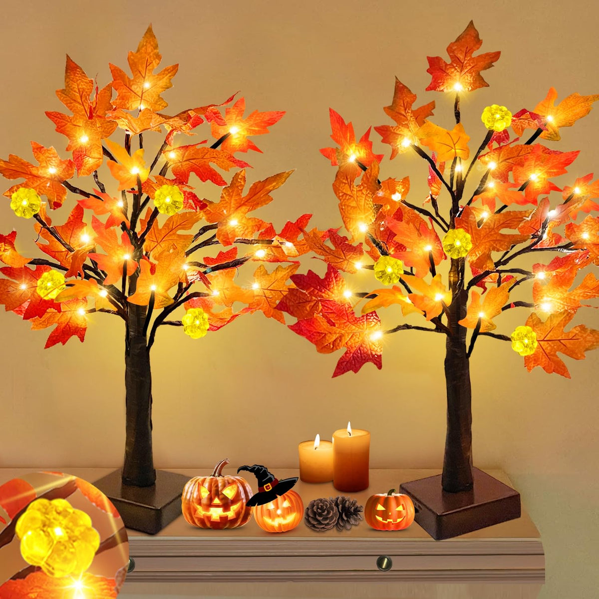 TURNMEON Fall Decor 2 Pack 18 Inch Prelit Fall Maple Tree 48 LEDs Timer