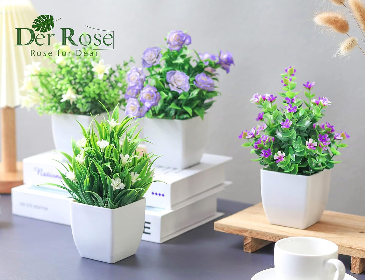 Der Rose 4 Pack Small Fake Plants with Flowers, Spring Home Bathroom Decor