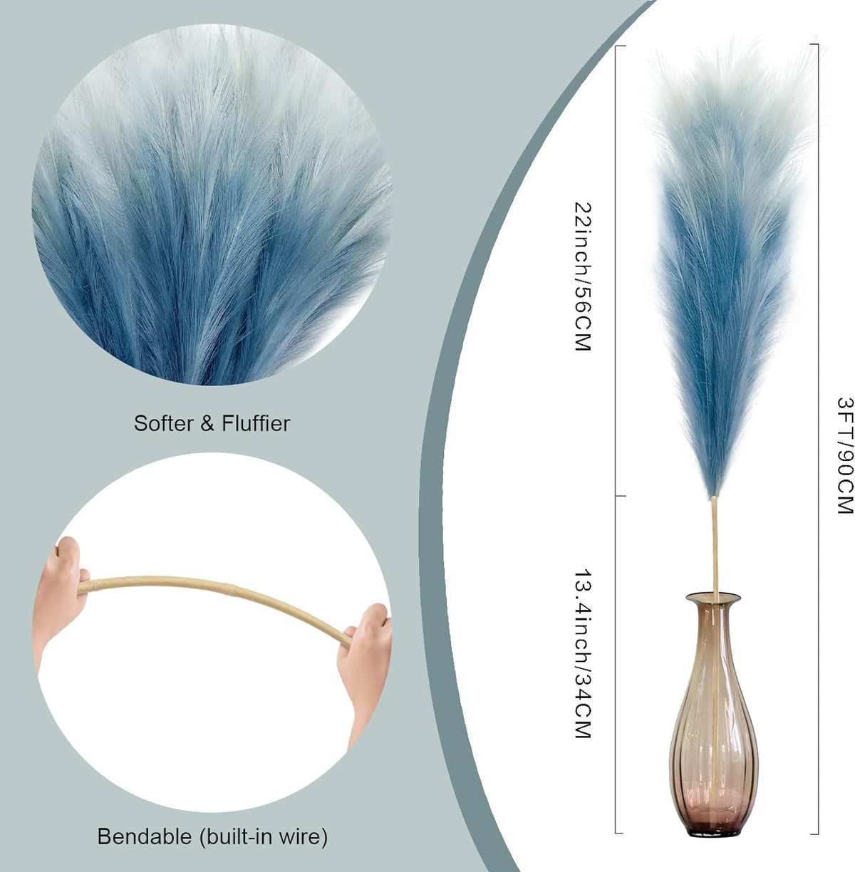 KALYLOC 8Pcs 3FT Blue Colorful Faux Pampas Grass, Artificial Bulrush