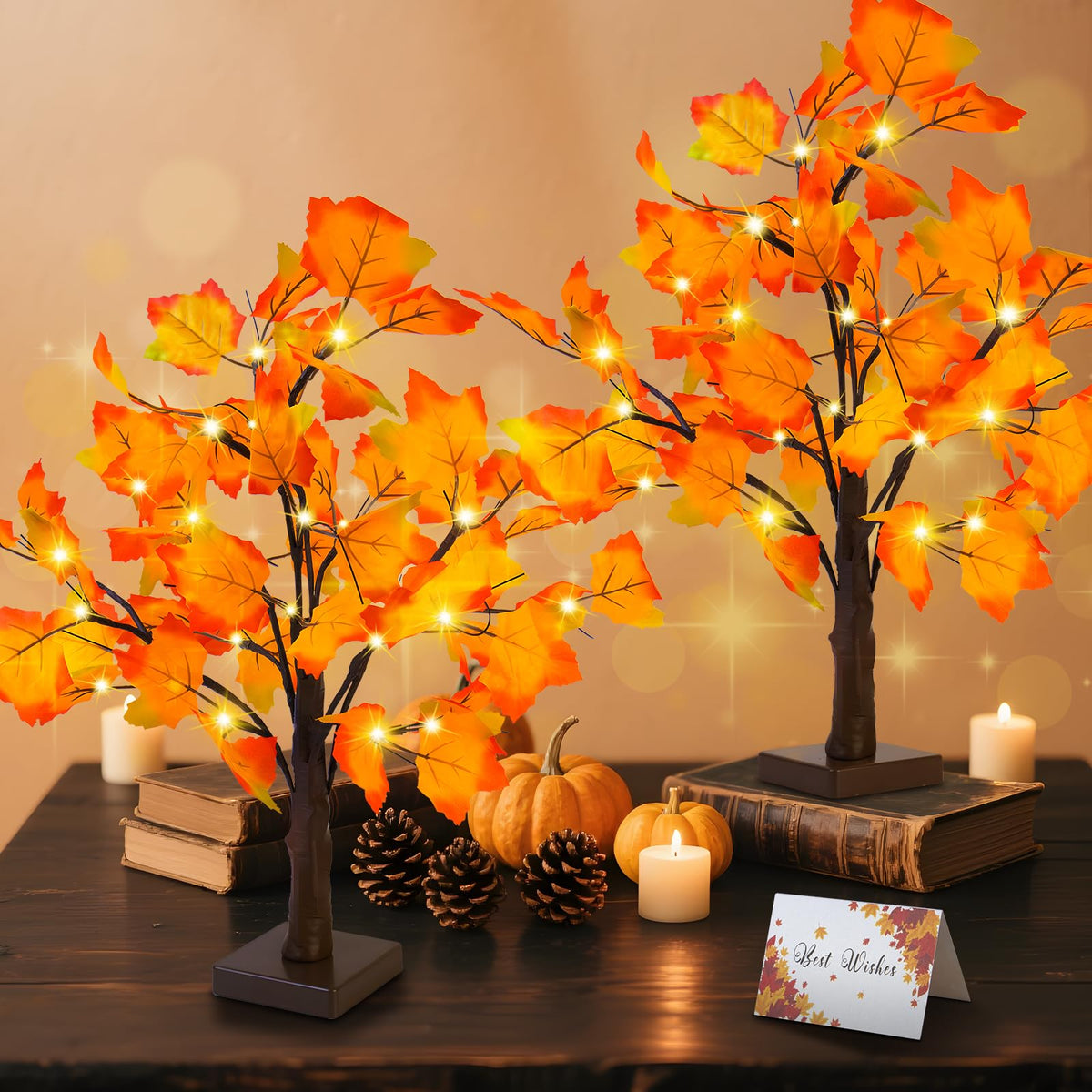 Artificial Fall Lighted Maple Tree 24 LED Thanksgiving Decorations Table Lights Battery Operated for Wedding Party Gifts Indoor Outdoor Autumn Harvest Home Decor