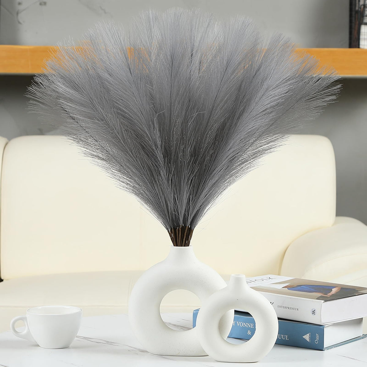 UREYMX Faux Pampas Grass Decor 17.7 Inch 30pcs, Artificial Pampas Grass Fluffy Home Decor, Short Vase Room Decor pompous Grass Flower Arrangement for Boho Home Wedding Decoration (Black,White,Grey)