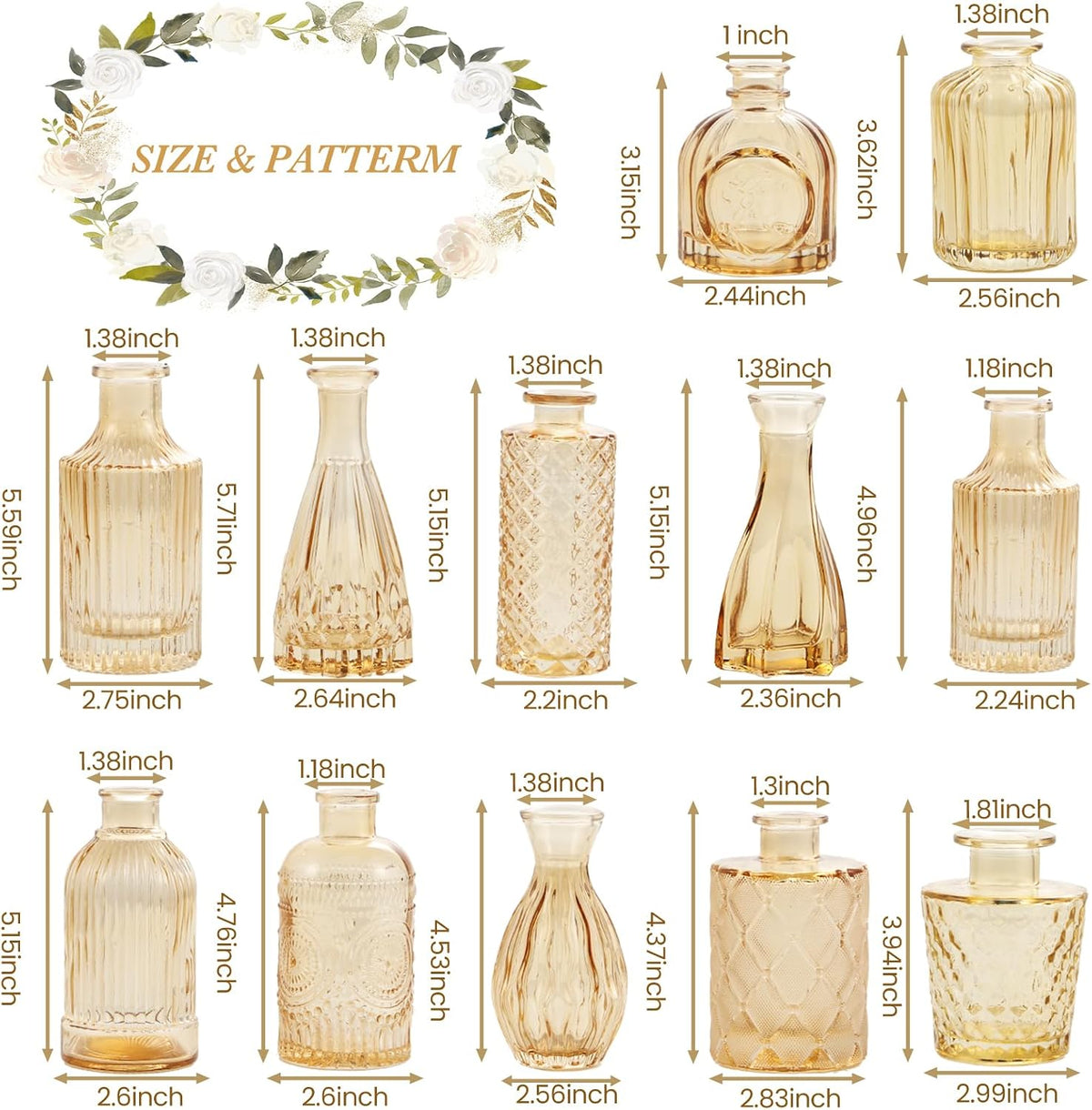 UPBUD Amber Gold Glass Bud Vases Set of 12, Small Vases for Flowers
