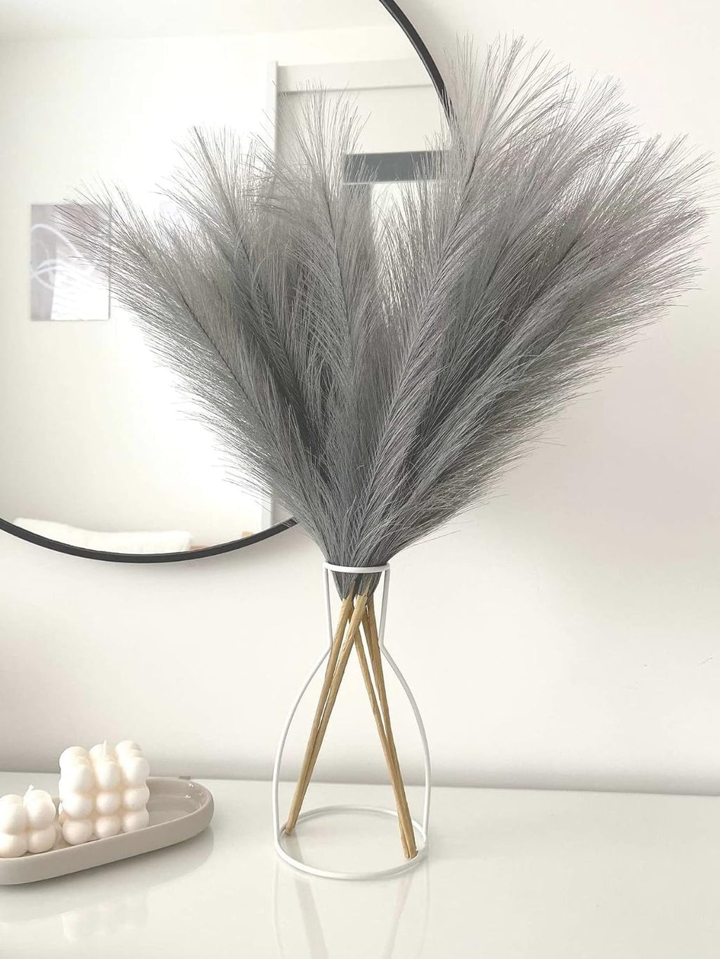 Pusuny Faux Pampas Grass,7 PCS 24 inch Gray Pampas Grass Decor, 7 Branches | Each Stem Fluffy Small Pompous Grass for Vase Filler in Table Vase Decor for House, Office, Boho Wedding Flower (Gray)