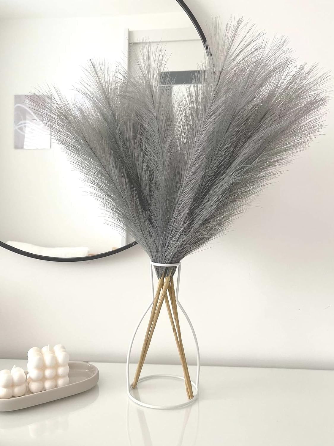 Pusuny Faux Pampas Grass,7 PCS 24 inch Gray Pampas Grass Decor, 7 Branches | Each Stem Fluffy Small Pompous Grass for Vase Filler in Table Vase Decor for House, Office, Boho Wedding Flower (Gray)