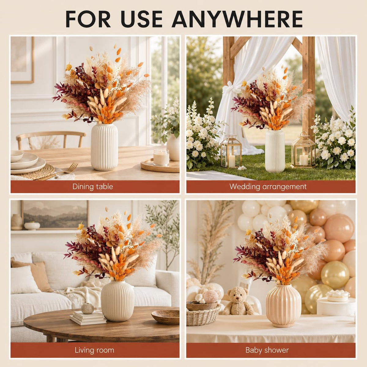 Orange Pampas Grass Dried Flower Bouquet (95 Pcs, 17") - Fluffy Boho Fall Decorations for Home, Autumn Floral Table Centerpiece for Thanksgiving & Room Decor