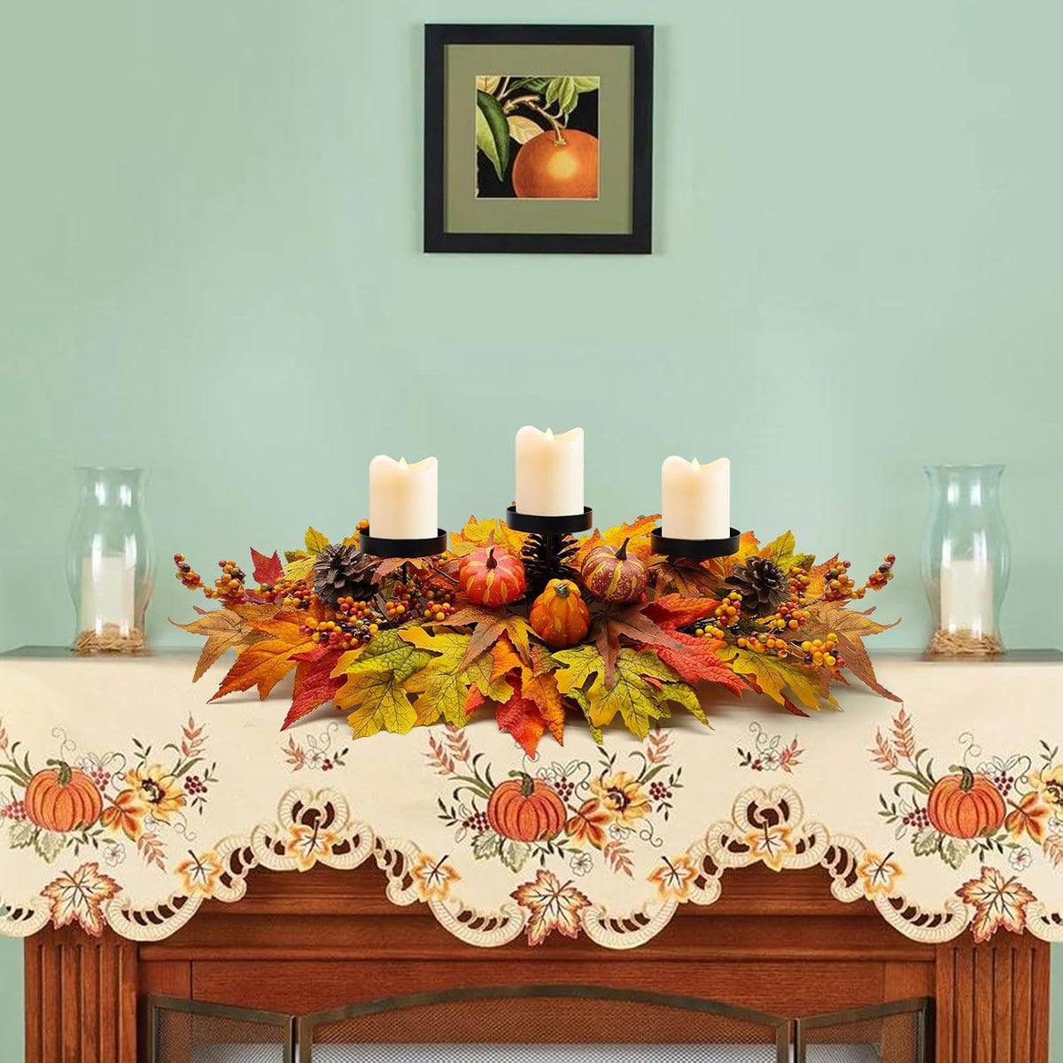 Fall Centerpiece Table Decorations, 27.5'' L Assorted Artificial Pumpkins, Berries, Maple Leaves and Pine Cones, Harvest Table Candle Holder for Dinning Table, Fireplace Mantel (Candle Not Included)
