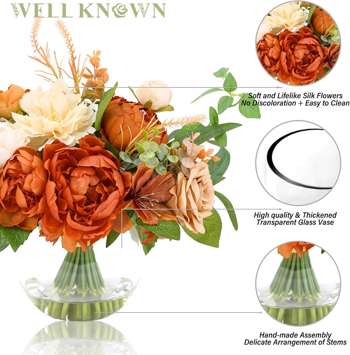WELL KNOWN Artificial Flowers in Vase, Burnt Orange & Champagne Plus