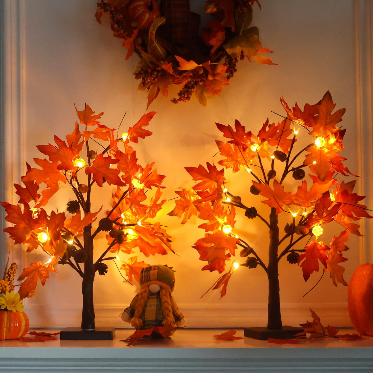 YEAHOME Fall Decorations for Home, Thanksgiving Decorations, 24”/2FT Lighted Fall Maple Leaves Tree with 24 LEDs for Autumn Decor, 12 Wood Acorns Ornaments Battery Powered Timer for Table Indoor