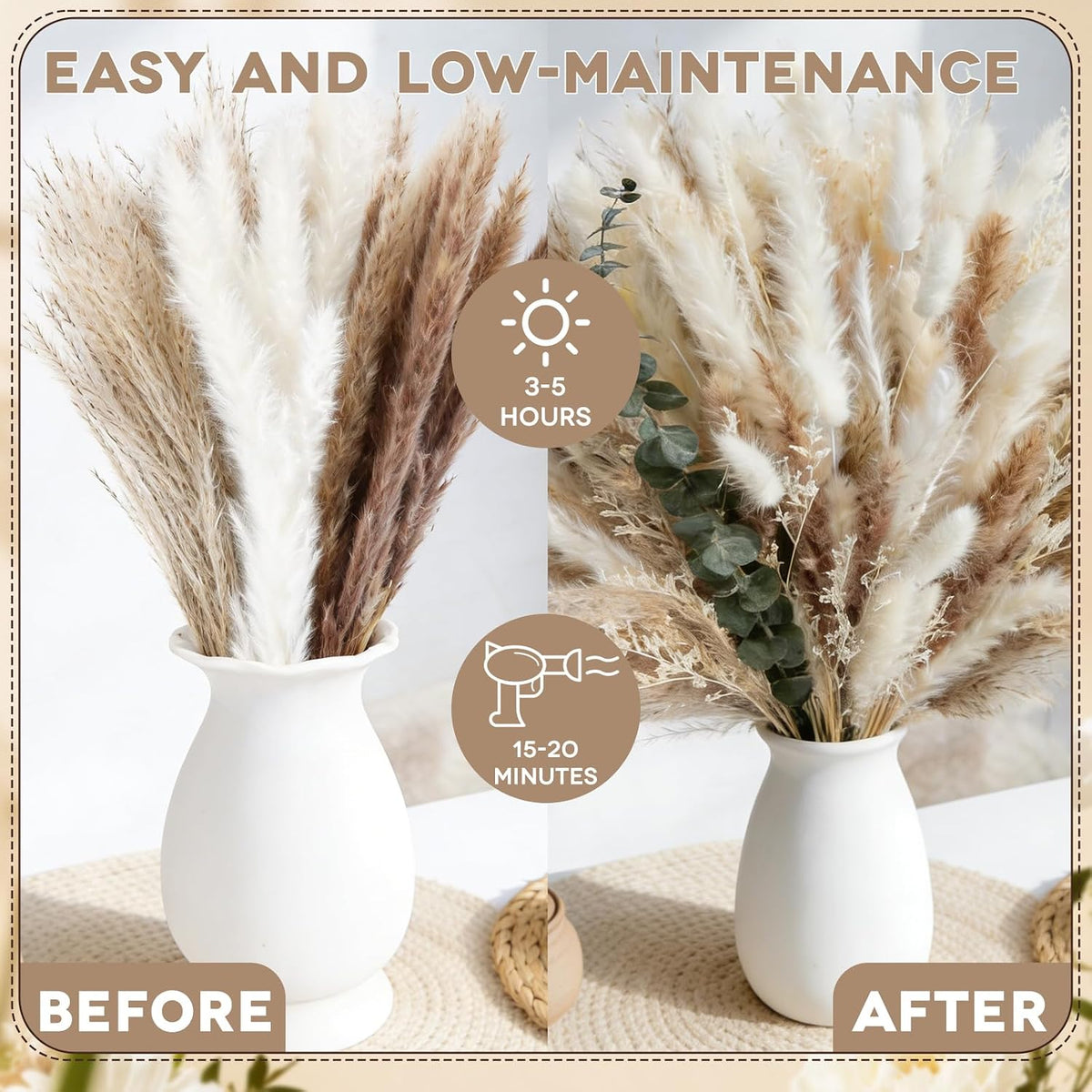 710Pcs Natural Dried Pampas Grass Dried Flowers 17'' Boho Pampas Bouquet