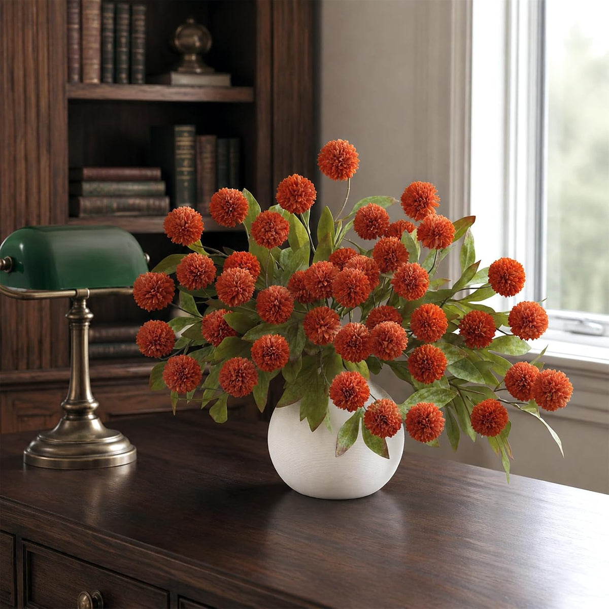 VIERENA 6 Pcs 27" Artificial Fall Pompon Mum Flower Stems for Vase (Orange)