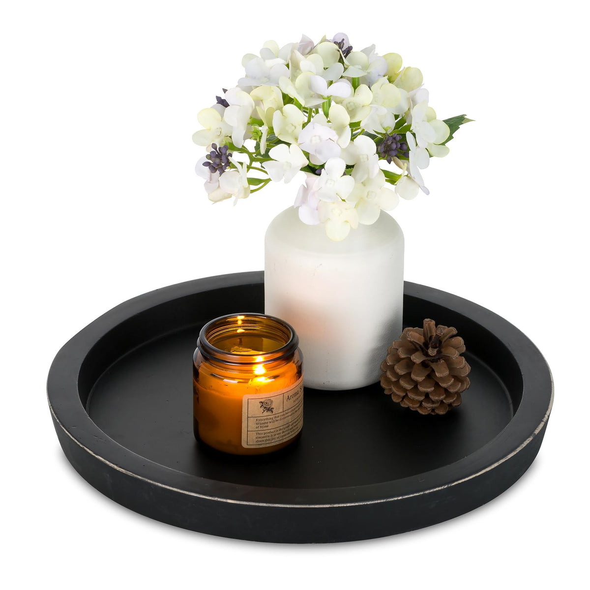 Hanobe Wooden Tray for Coffee Table, Decorative Round Candle Holder Plate