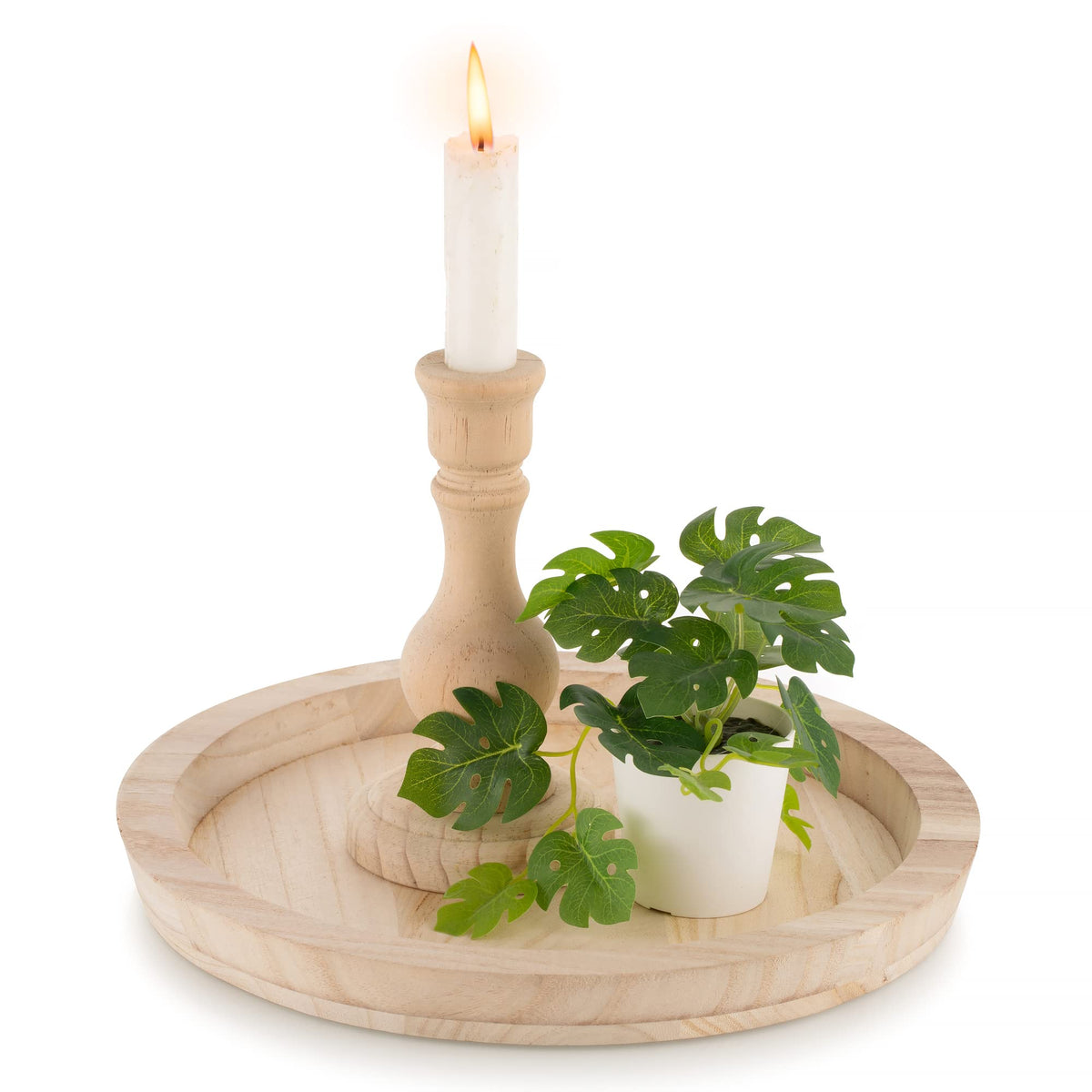 Hanobe Wooden Tray for Coffee Table, Decorative Round Candle Holder Plate