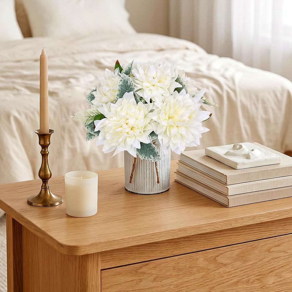 6 Set Pre-Made Flower Table Centerpieces (White, 6 X Dahlias Table Centerpieces)