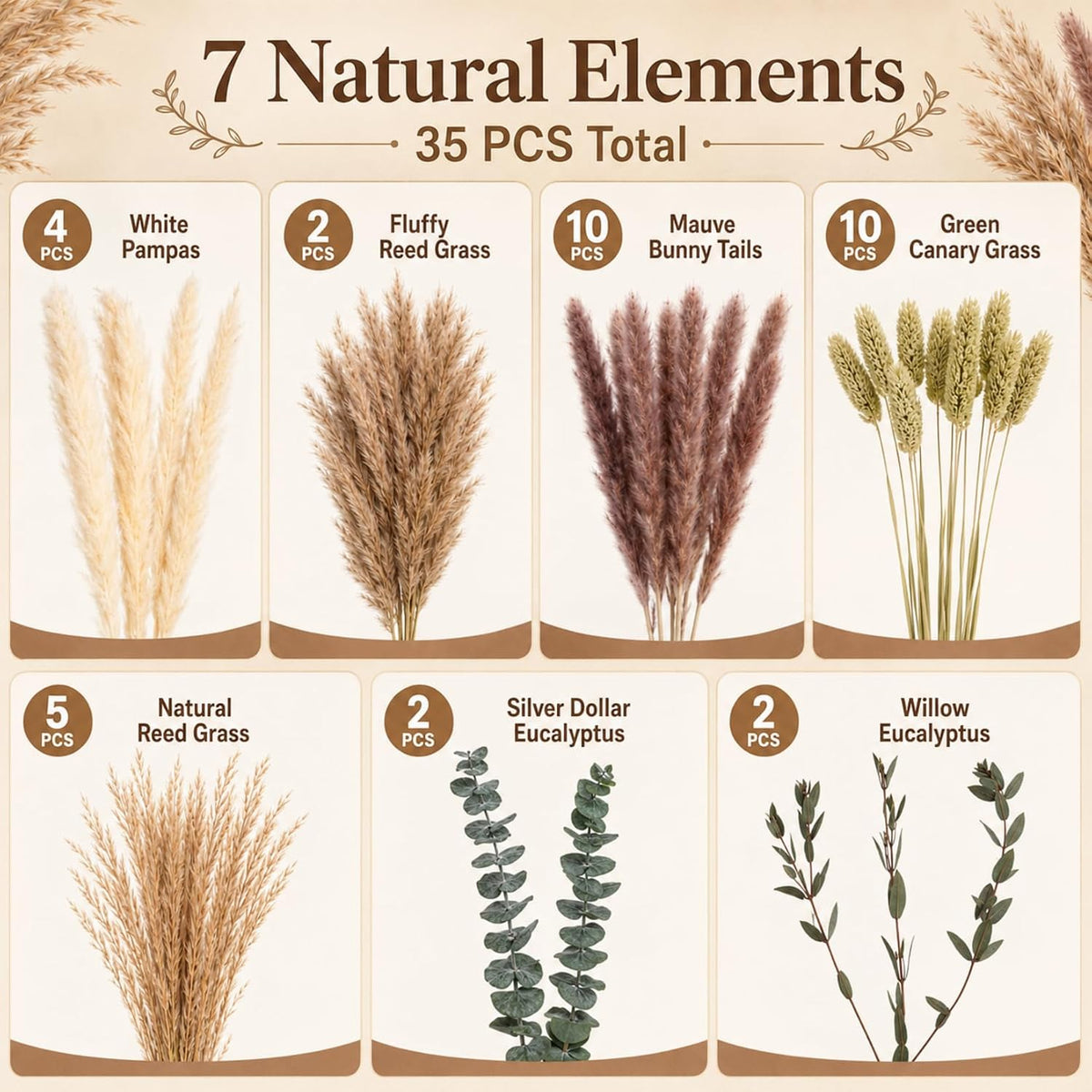RAINFLOW 35PCS Dried Pampas Grass Decor - 7 Varieties Small Dried Flower