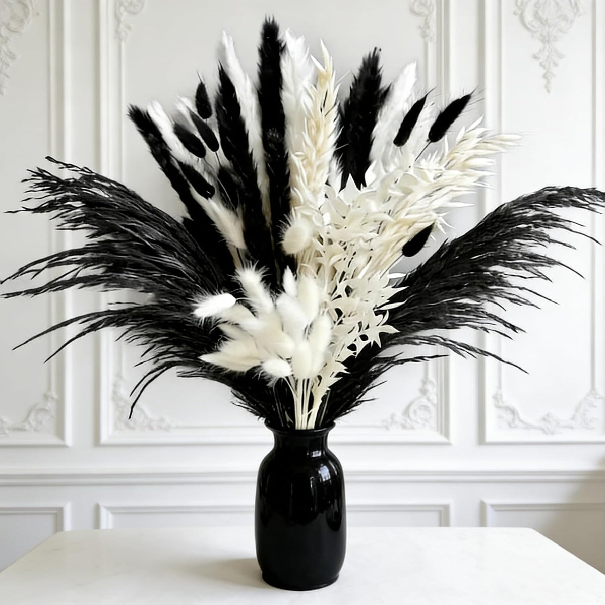 Black and White Pampa Grass Dried Flowers 50Pcs