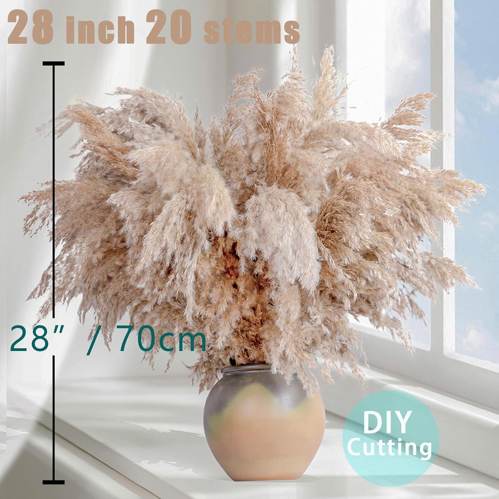 20 Stems 28" Large Brown Pampas Grass - Natural Fluffy Pompas Grass Bulk for Floor Vase - Boho Decor Home Wedding Event Decor, Gift