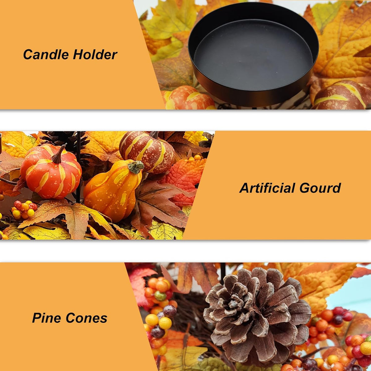 Fall Centerpiece Table Decorations, 27.5'' L Assorted Artificial Pumpkins, Berries, Maple Leaves and Pine Cones, Harvest Table Candle Holder for Dinning Table, Fireplace Mantel (Candle Not Included)