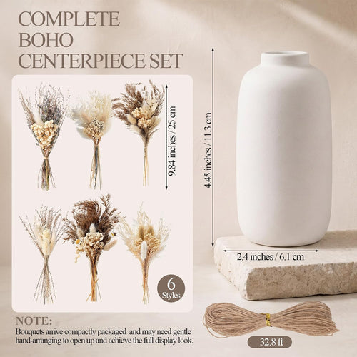 25 Pcs Dried Pampas Grass Centerpiece with Ceramic Vases, Classic