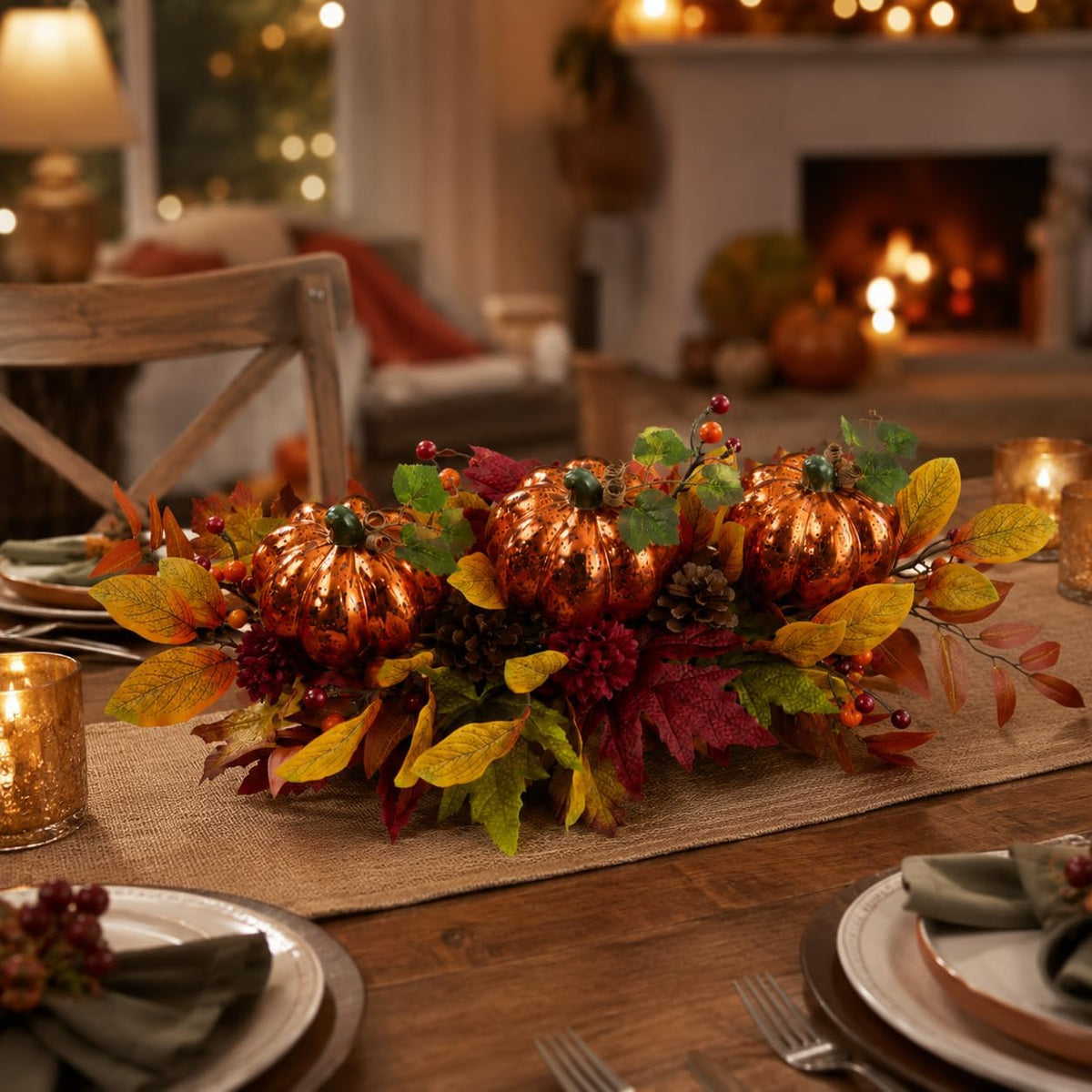 LED Lighted Pumpkin Fall Centerpiece with Maple Leaves, Berries & Pinecones - Battery Operated Thanksgiving Table Decor for Home, Mantel, or Dining