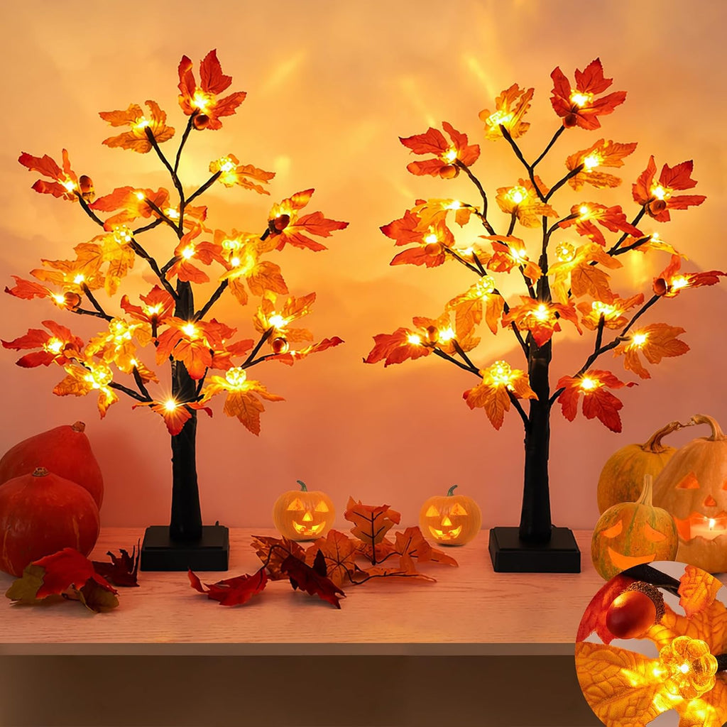 Fall Decor 2 Pack 24 Inch Maple Tree Lights - 48 LED Autumn Decorations with Pumpkins & Acorns, Timer, USB & Battery Powered - Thanksgiving Decorations for Home Table Indoor Fireplace