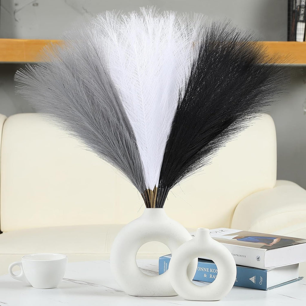 UREYMX Faux Pampas Grass Decor 17.7 Inch 30pcs, Artificial Pampas Grass Fluffy Home Decor, Short Vase Room Decor pompous Grass Flower Arrangement for Boho Home Wedding Decoration (Black,White,Grey)