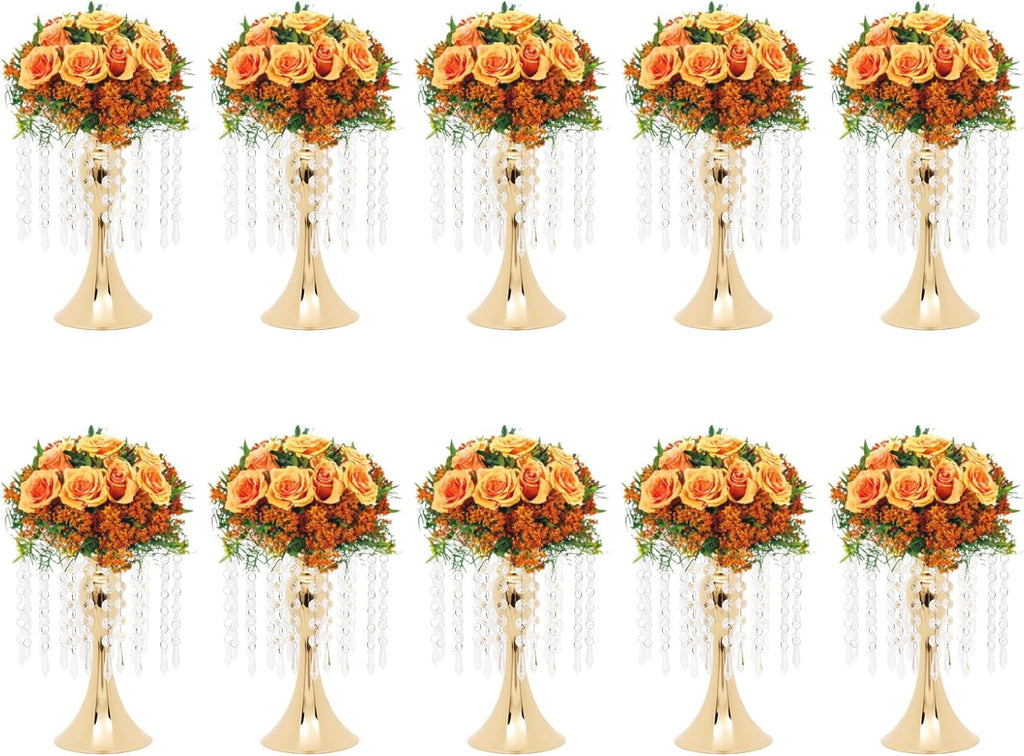 OUKANING 10 Pcs Gold Vases Wedding Centerpieces Flower Stand Table Decor w/Crystal Beads, 11.2 inches Versatile Metal Flower Stands for Anniversary Celebration/Wedding/Party/Birthday Event