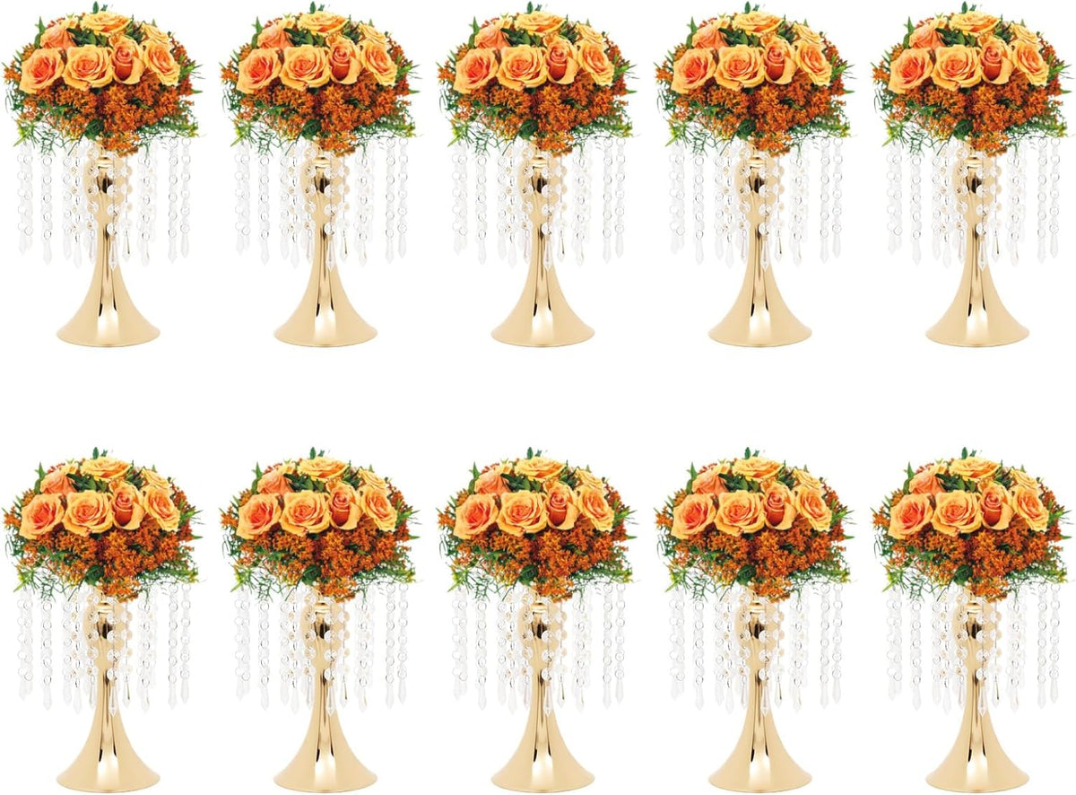 OUKANING 10 Pcs Gold Vases Wedding Centerpieces Flower Stand Table Decor w/Crystal Beads, 11.2 inches Versatile Metal Flower Stands for Anniversary Celebration/Wedding/Party/Birthday Event
