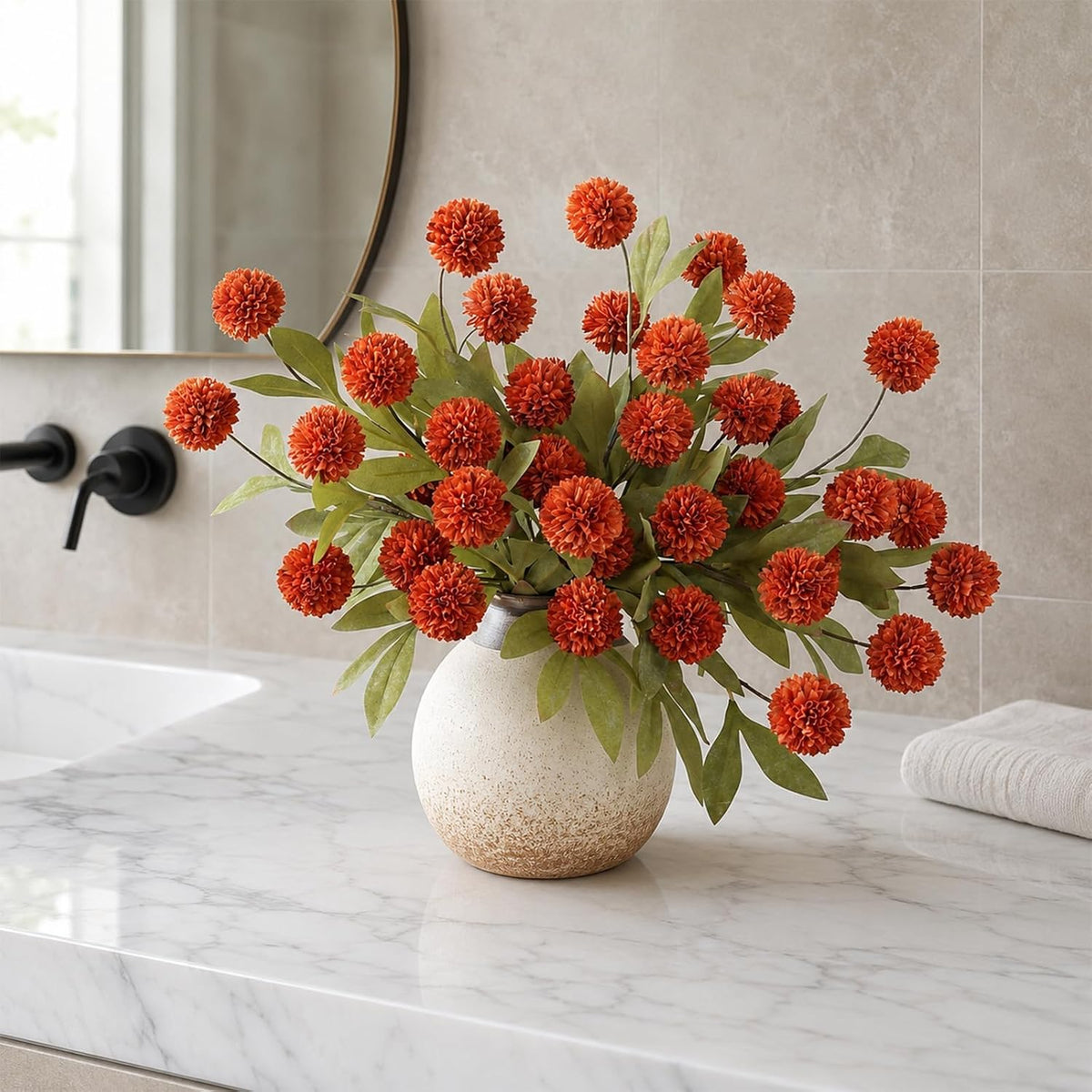 6Pcs 27"Artificial Fall Pompon Mum Stems Silk Flower for Vase Decor(Orange)