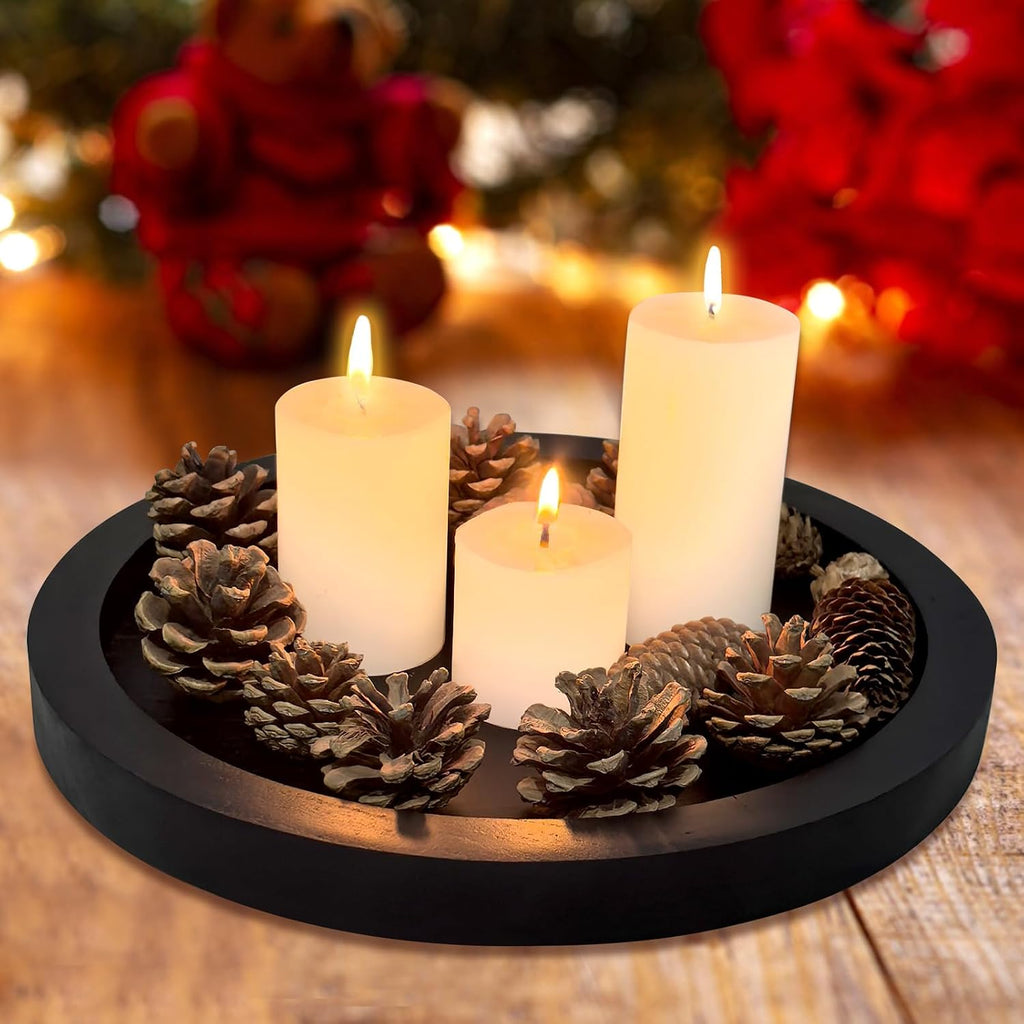 Black Round Wood Decorative Tray for Coffee Dining Table Centerpiece Decor