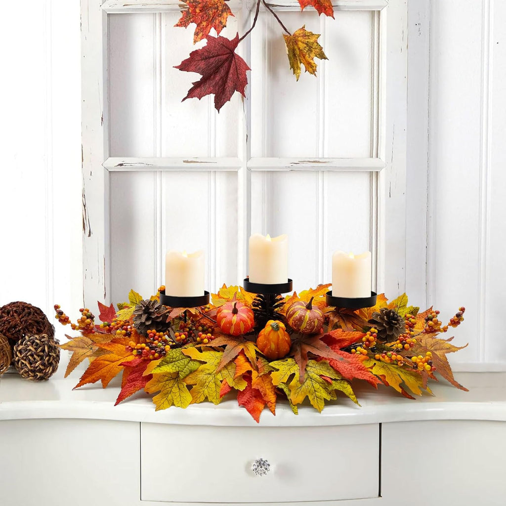 Fall Centerpiece Table Decorations, 27.5'' L Assorted Artificial Pumpkins, Berries, Maple Leaves and Pine Cones, Harvest Table Candle Holder for Dinning Table, Fireplace Mantel (Candle Not Included)