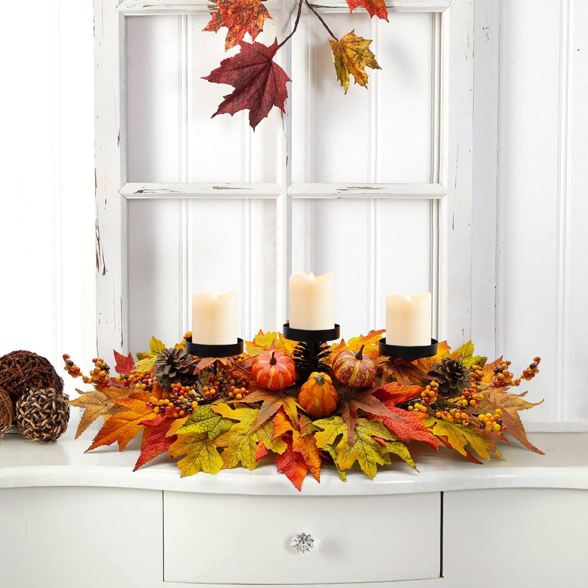 Fall Centerpiece Table Decorations, 27.5'' L Assorted Artificial Pumpkins, Berries, Maple Leaves and Pine Cones, Harvest Table Candle Holder for Dinning Table, Fireplace Mantel (Candle Not Included)