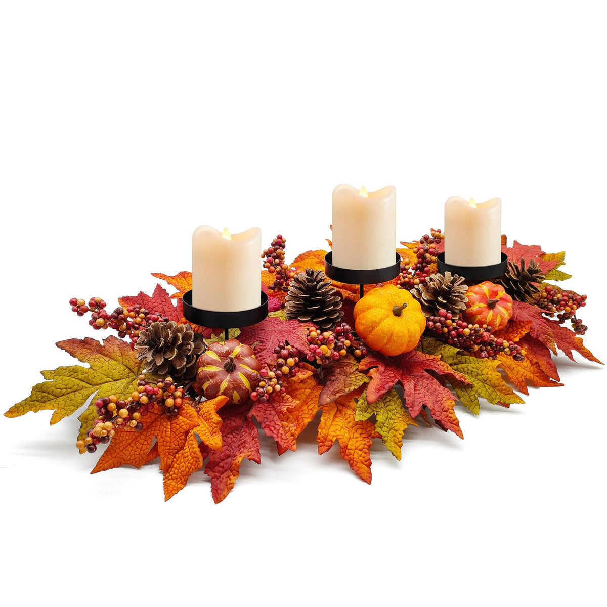 Fall Centerpiece Table Decorations, 27.5'' L Assorted Artificial Pumpkins, Berries, Maple Leaves and Pine Cones, Harvest Table Candle Holder for Dinning Table, Fireplace Mantel (Candle Not Included)