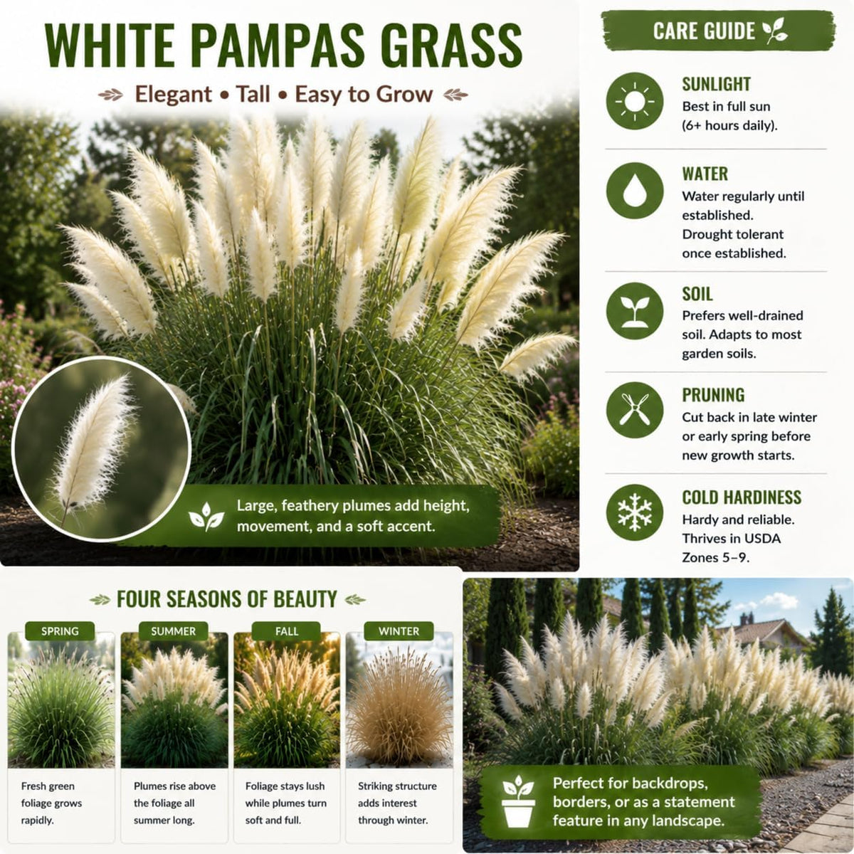 2 White Pampas Grass Live Plants, Fully Rooted Grass Plant, 5-9 Inch Tall