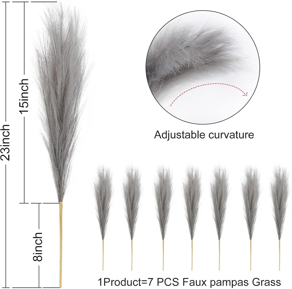 Pusuny Faux Pampas Grass,7 PCS 24 inch Gray Pampas Grass Decor, 7 Branches | Each Stem Fluffy Small Pompous Grass for Vase Filler in Table Vase Decor for House, Office, Boho Wedding Flower (Gray)