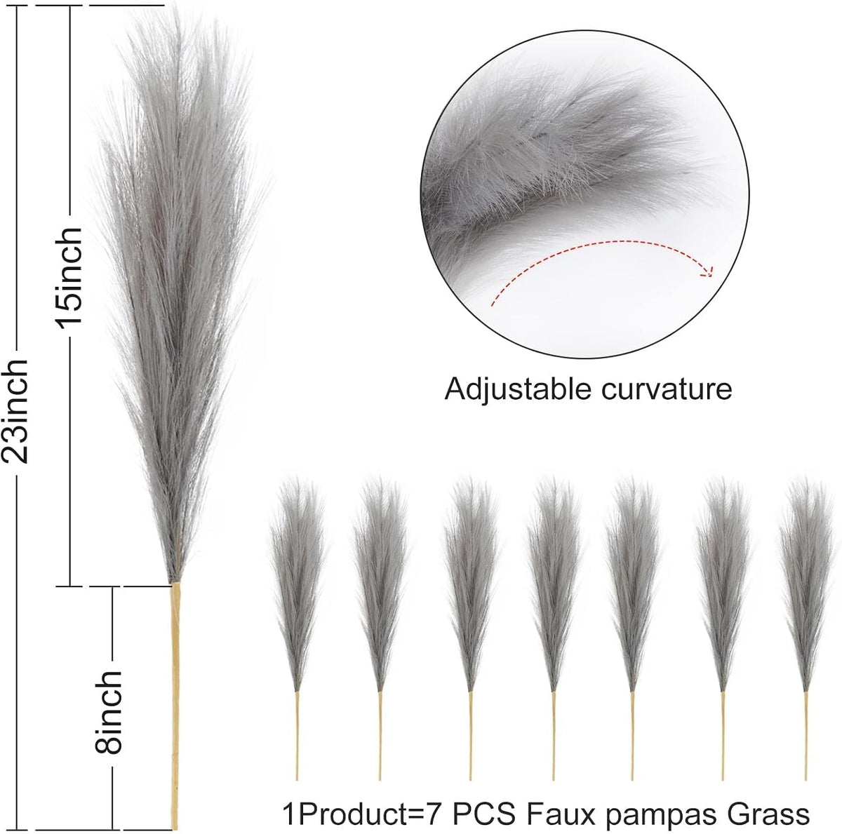 Pusuny Faux Pampas Grass,7 PCS 24 inch Gray Pampas Grass Decor, 7 Branches | Each Stem Fluffy Small Pompous Grass for Vase Filler in Table Vase Decor for House, Office, Boho Wedding Flower (Gray)